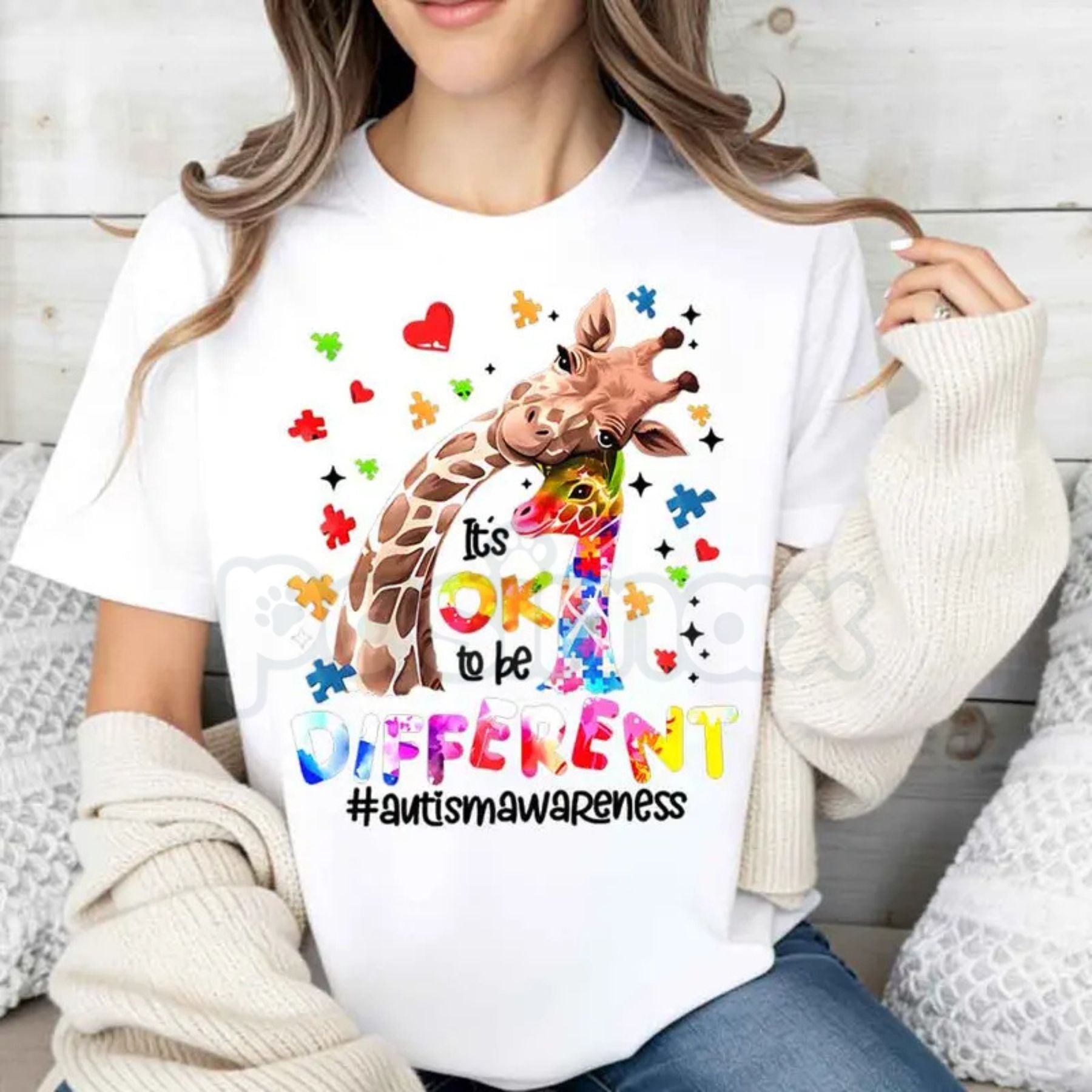 "Different is Beautiful" Artistic Giraffe T-Shirt – Autism Awareness Hearts & Puzzle Print, Premium 100% Cotton Neurodiversity Top, Soft Lived-In Heavyweight Women's Advocacy Wear, Made in USA