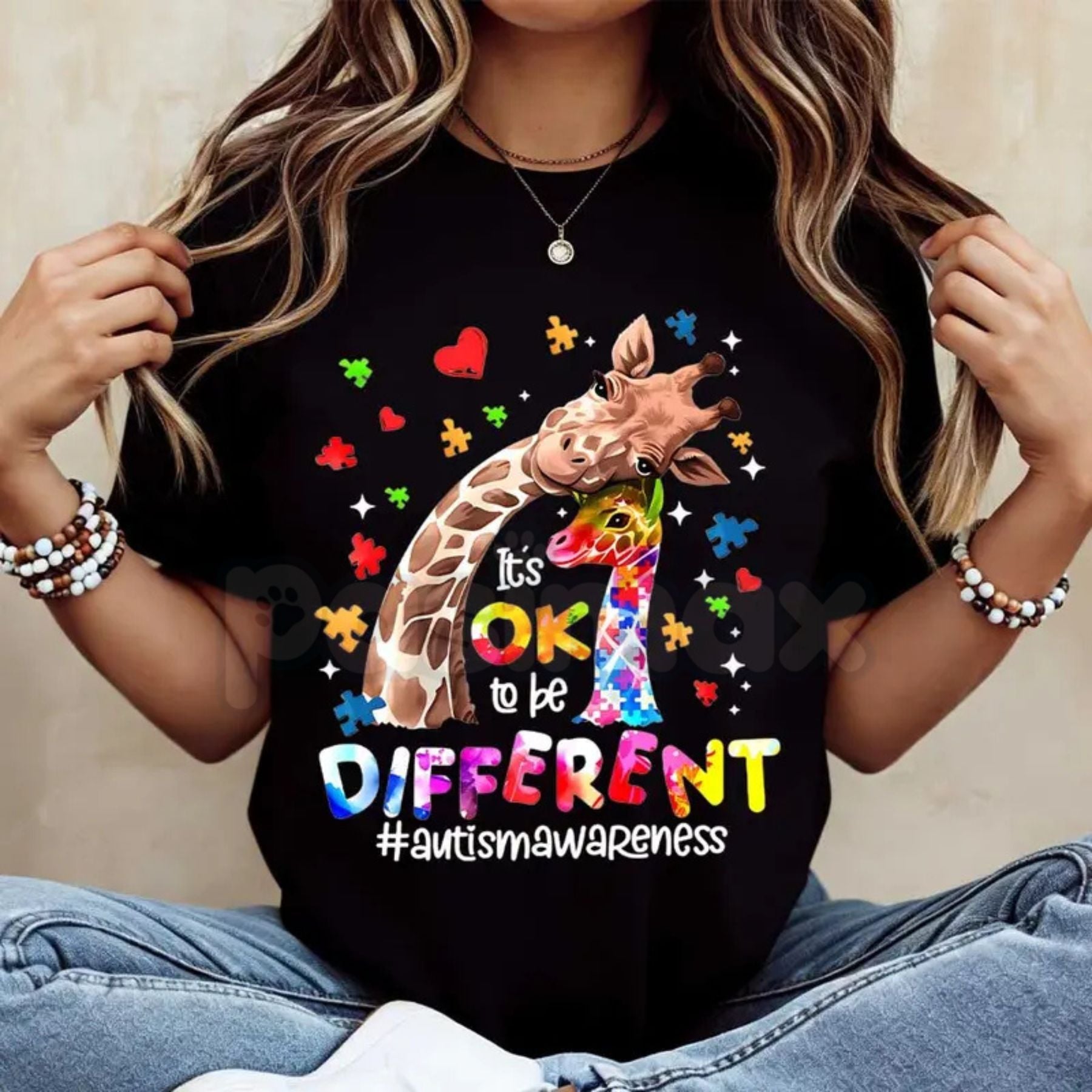 "Different is Beautiful" Artistic Giraffe T-Shirt – Autism Awareness Hearts & Puzzle Print, Premium 100% Cotton Neurodiversity Top, Soft Lived-In Heavyweight Women's Advocacy Wear, Made in USA
