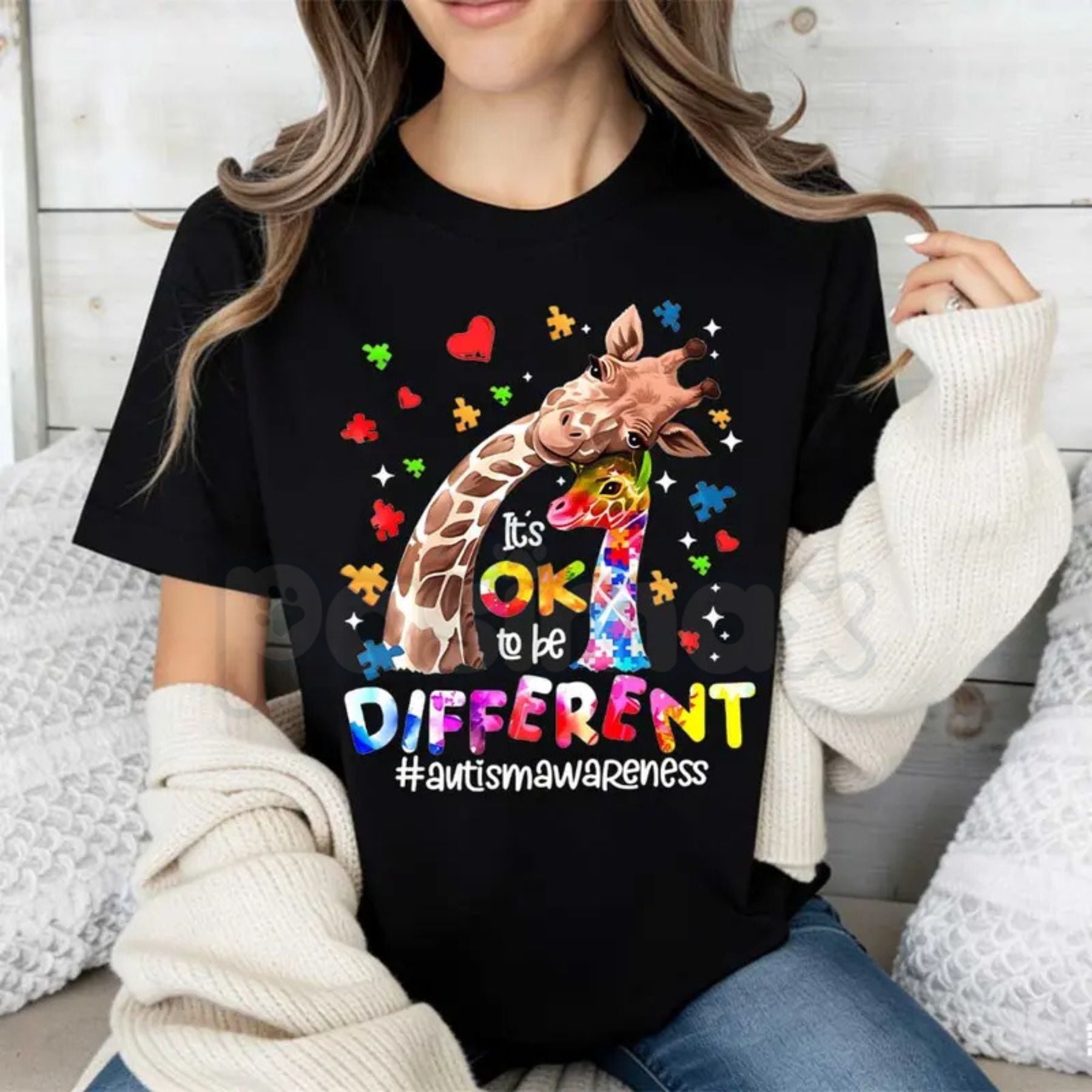 "Different is Beautiful" Artistic Giraffe T-Shirt – Autism Awareness Hearts & Puzzle Print, Premium 100% Cotton Neurodiversity Top, Soft Lived-In Heavyweight Women's Advocacy Wear, Made in USA