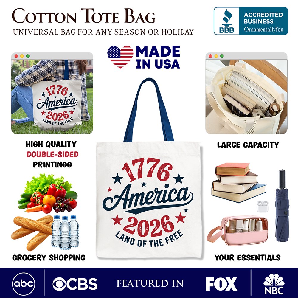Patriotic America 1776-2026 Land of the Free Canvas Tote Bag, 250 Year Independence Day Celebration Gift