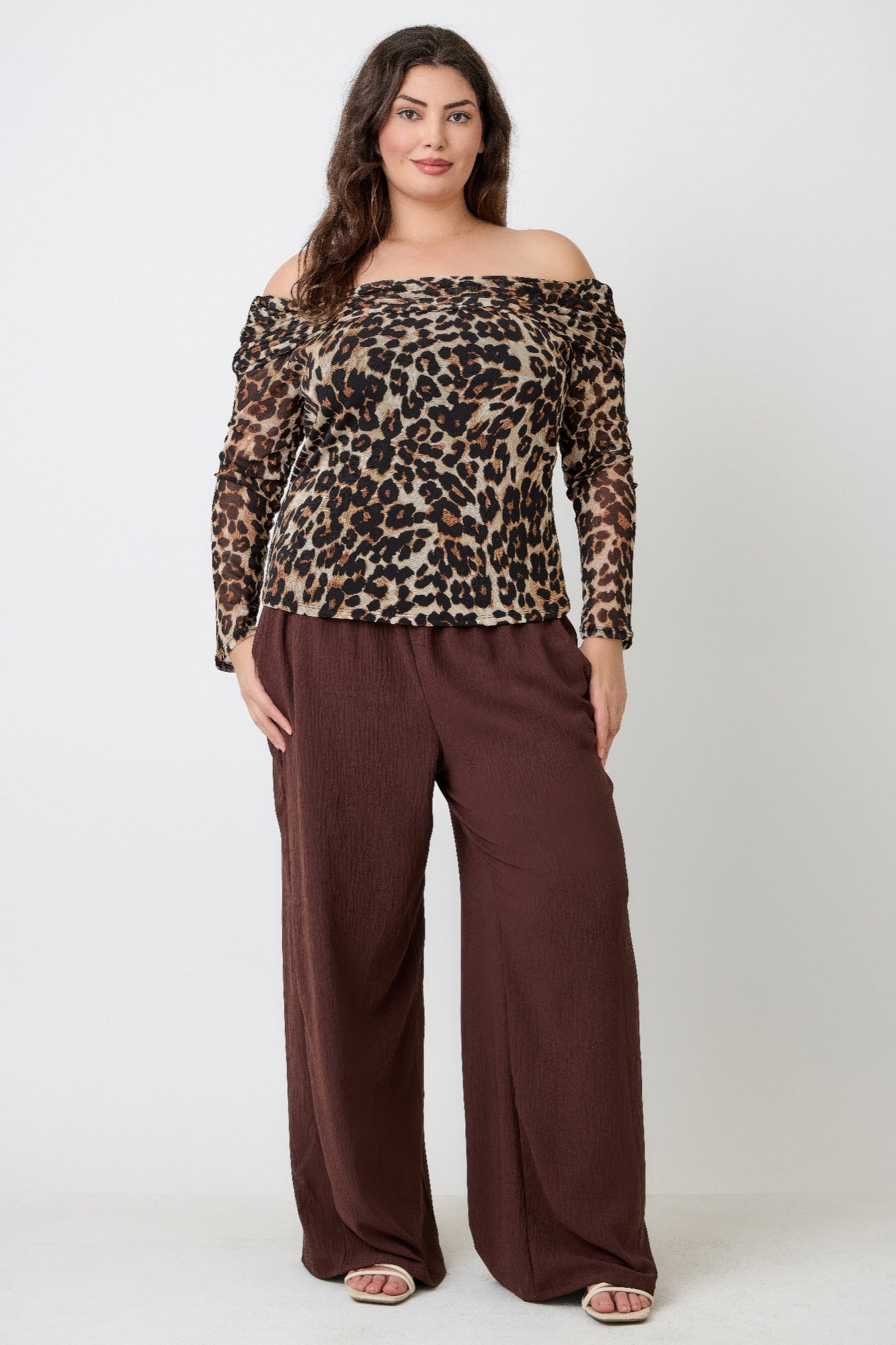 Plus Size Leopard Print Off-the-shoulder Blouse