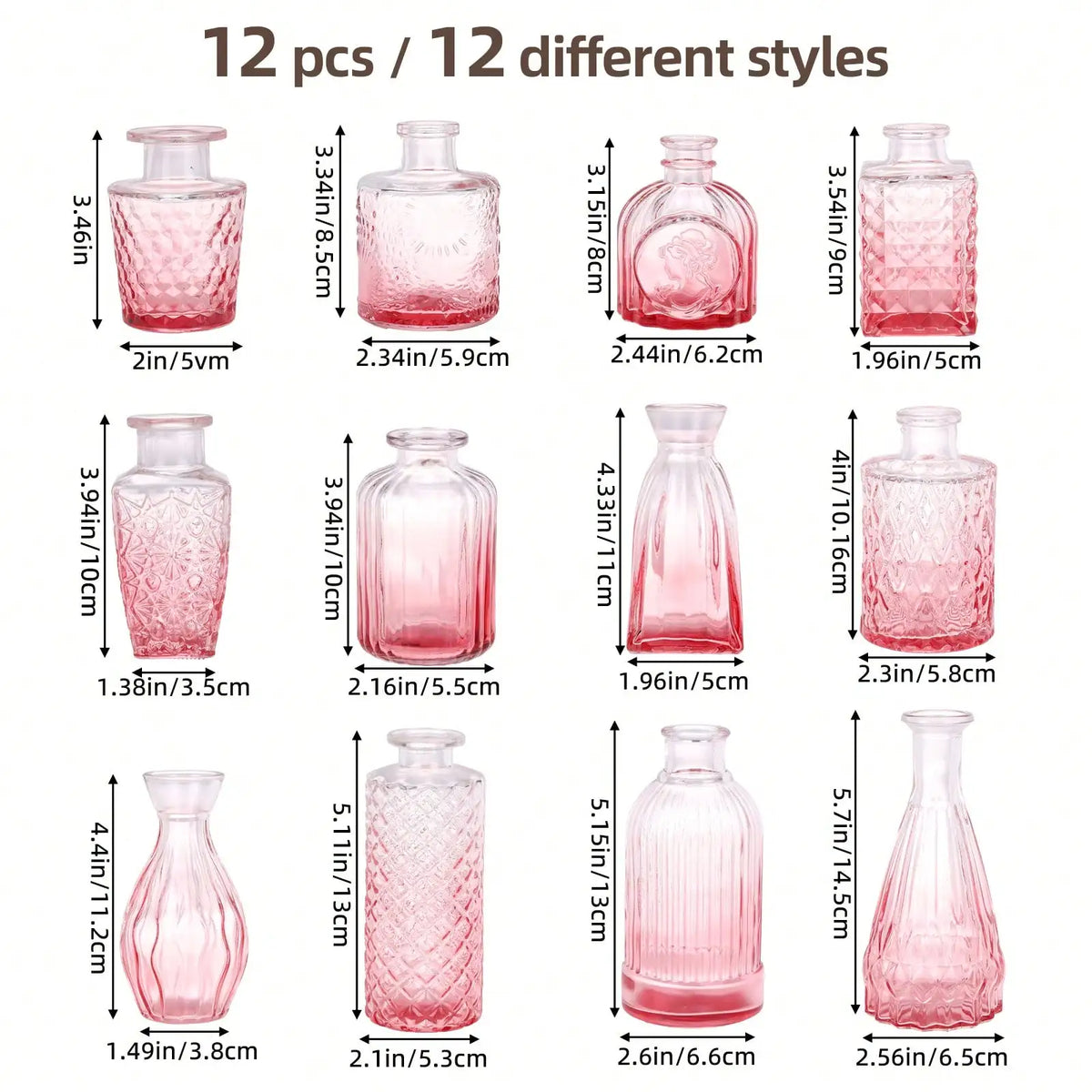 12 Pack Glass Bud Vase Set, Small Vintage Flower Vases for Centerpieces, Blue/Green/Pink Decorative Bottles for Wedding, Home, Table Decor, Mother's Day Gift