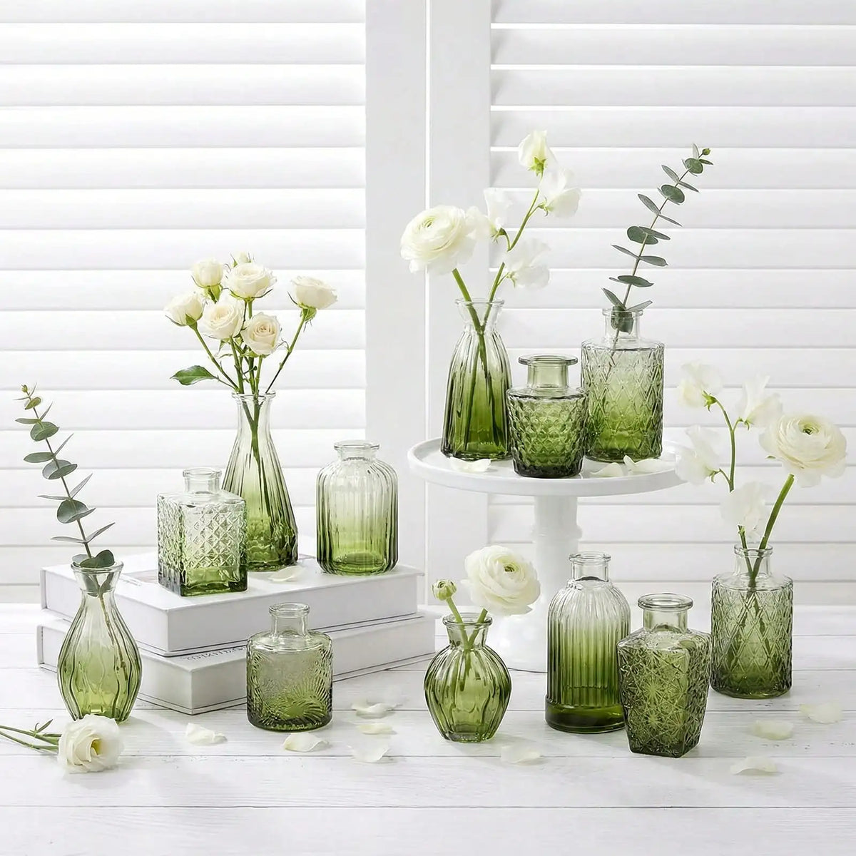 12 Pack Glass Bud Vase Set, Small Vintage Flower Vases for Centerpieces, Blue/Green/Pink Decorative Bottles for Wedding, Home, Table Decor, Mother's Day Gift