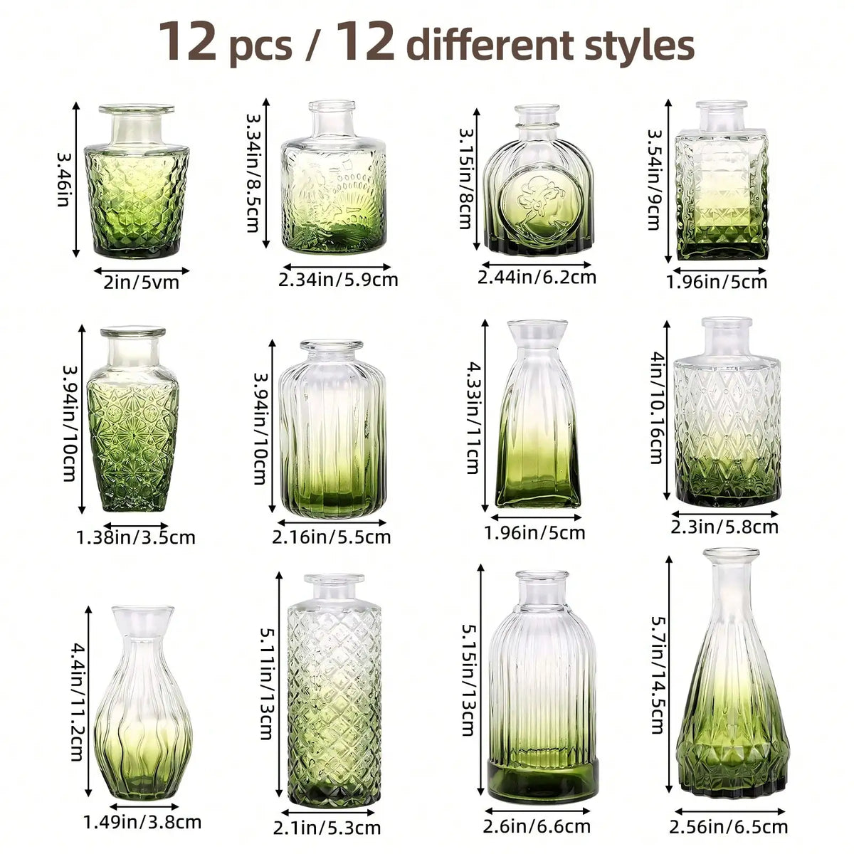 12 Pack Glass Bud Vase Set, Small Vintage Flower Vases for Centerpieces, Blue/Green/Pink Decorative Bottles for Wedding, Home, Table Decor, Mother's Day Gift