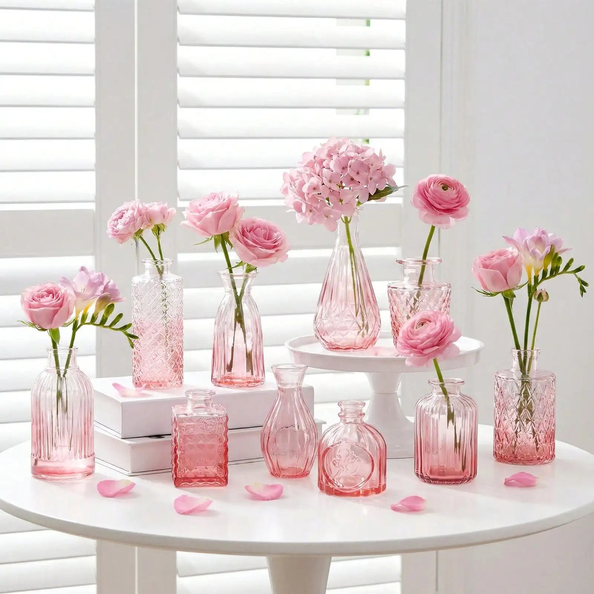 12 Pack Glass Bud Vase Set, Small Vintage Flower Vases for Centerpieces, Blue/Green/Pink Decorative Bottles for Wedding, Home, Table Decor, Mother's Day Gift